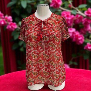 My Danielle Womens Red Paisley Short Sleeve Boho Blouse SZ Large Tassel Tie Top